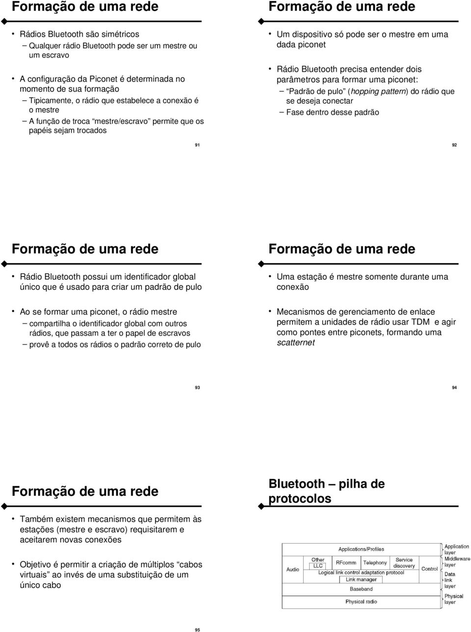 Bluetooth precisa entender dois parâmetros para formar uma piconet: Padrão de pulo (hopping pattern) do rádio que se deseja conectar Fase dentro desse padrão 92 Formação de uma rede Rádio Bluetooth