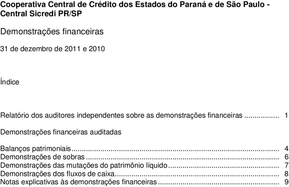 .. 1 Demonstrações financeiras auditadas Balanços patrimoniais... 4 Demonstrações de sobras.