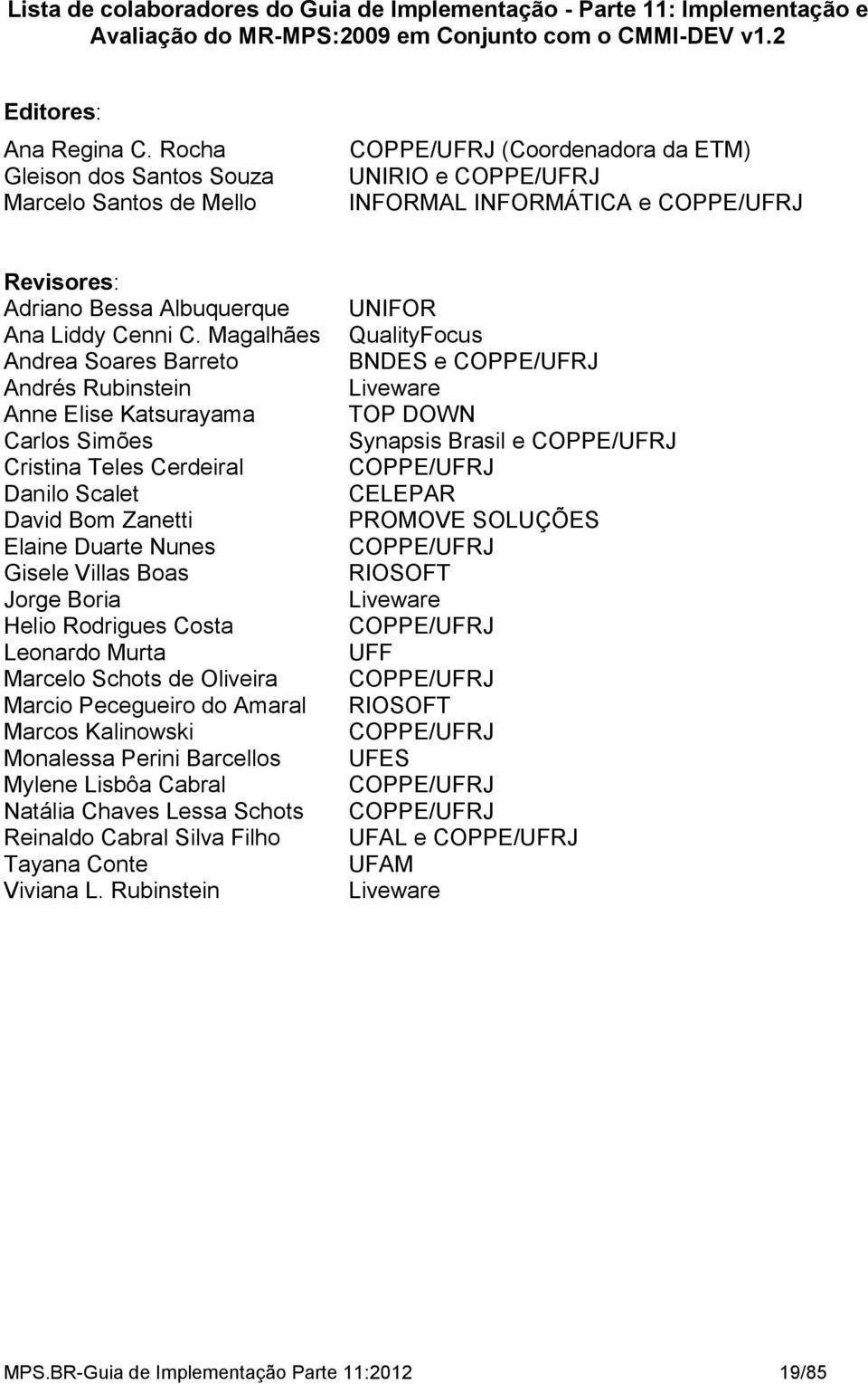 Magalhães Andrea Soares Barreto Andrés Rubinstein Anne Elise Katsurayama Carlos Simões Cristina Teles Cerdeiral Danilo Scalet David Bom Zanetti Elaine Duarte Nunes Gisele Villas Boas Jorge Boria