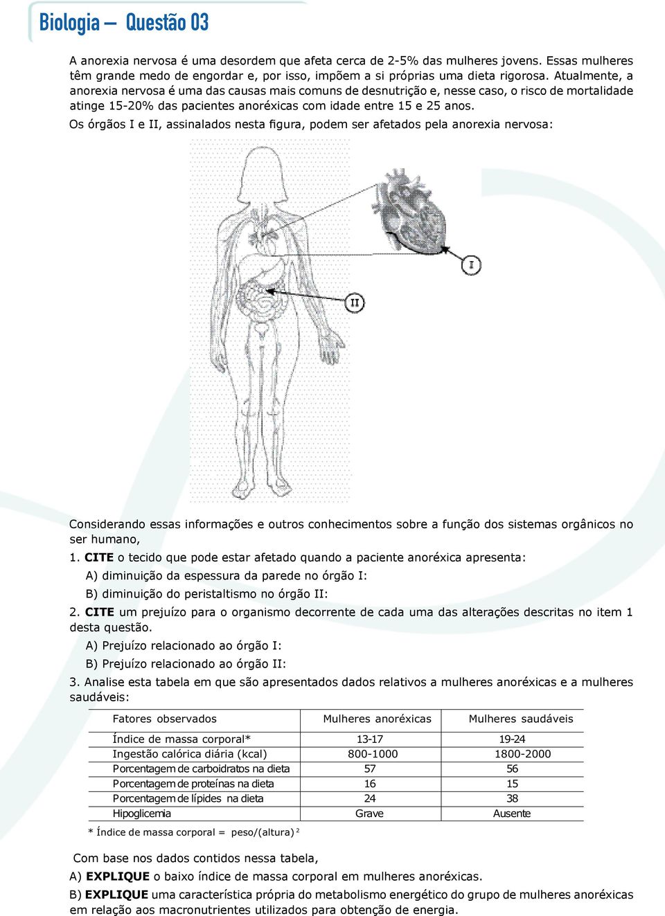 Os órgãos I e II, assinalados nesta figura, podem ser afetados pela anorexia nervosa: Considerando essas informações e outros conhecimentos sobre a função dos sistemas orgânicos no ser humano, 1.