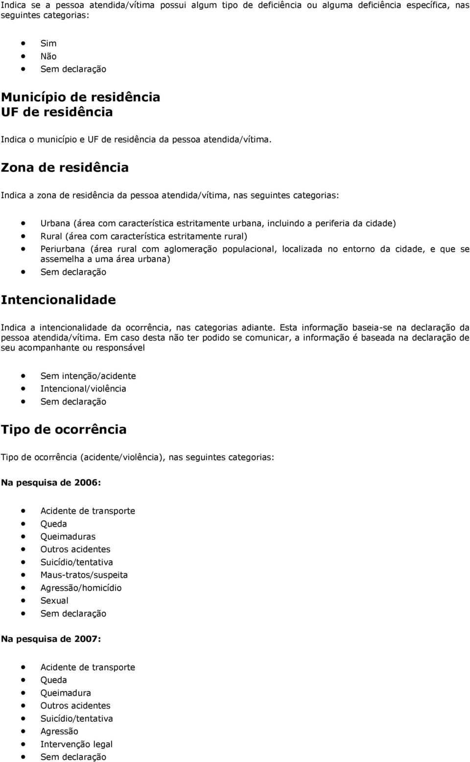 Zona de residência Indica a zona de residência da pessoa atendida/vítima, nas seguintes categorias: Urbana (área com característica estritamente urbana, incluindo a periferia da cidade) Rural (área