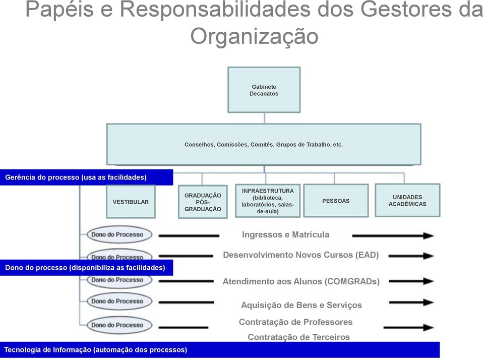 Ingressos e Matrícula Desenvolvimento Novos Cursos (EAD) Dono do processo (disponibiliza as facilidades) Atendimento aos Alunos (COMGRADs)