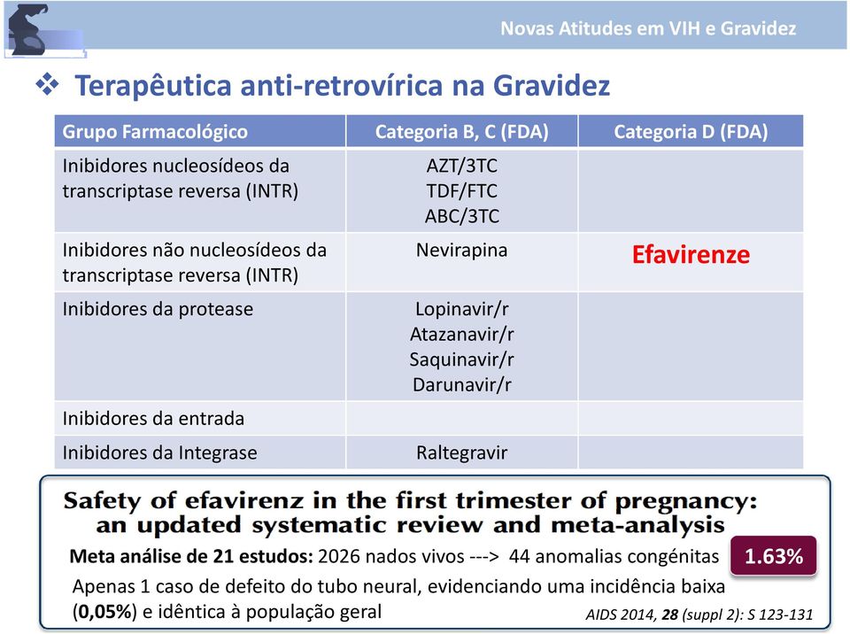 TDF/FTC ABC/3TC Nevirapina Lopinavir/r Atazanavir/r Saquinavir/r Darunavir/r Raltegravir Efavirenze Meta análise de 21 estudos: 2026 nados vivos ---> 44