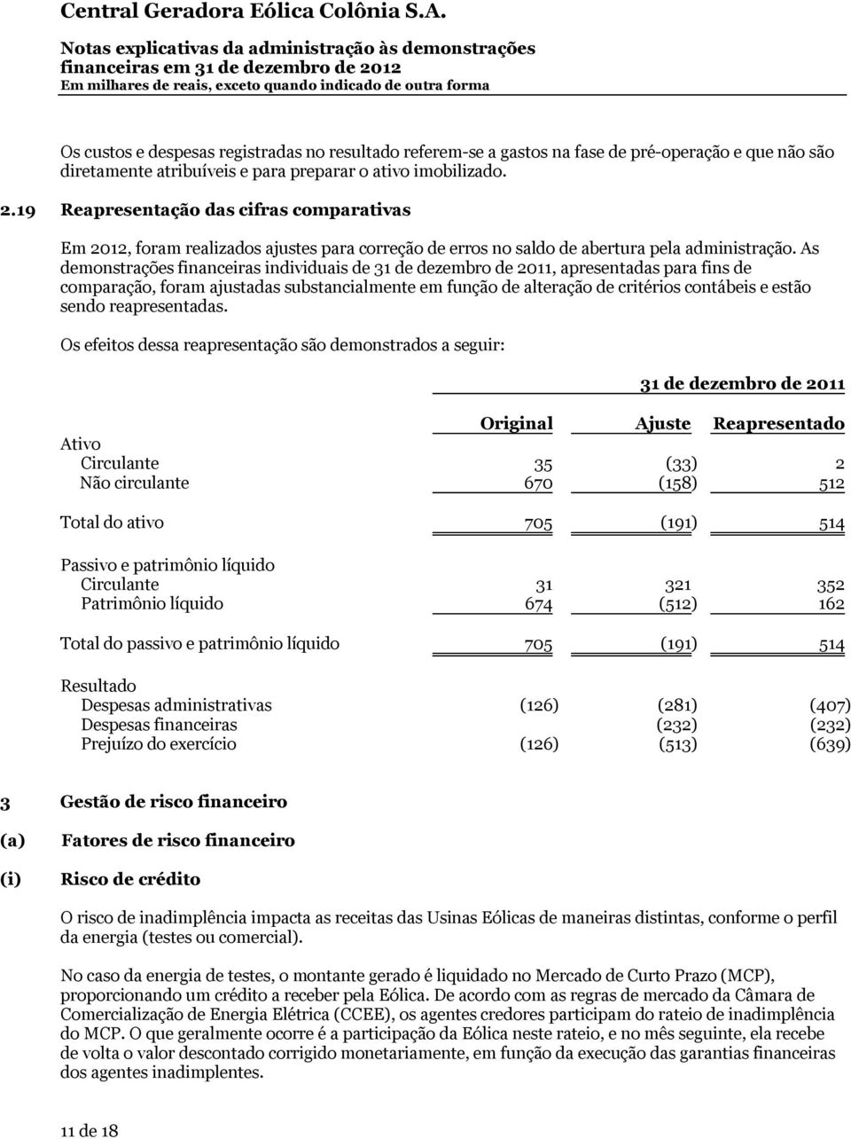 As demonstrações financeiras individuais de 31 de dezembro de 2011, apresentadas para fins de comparação, foram ajustadas substancialmente em função de alteração de critérios contábeis e estão sendo