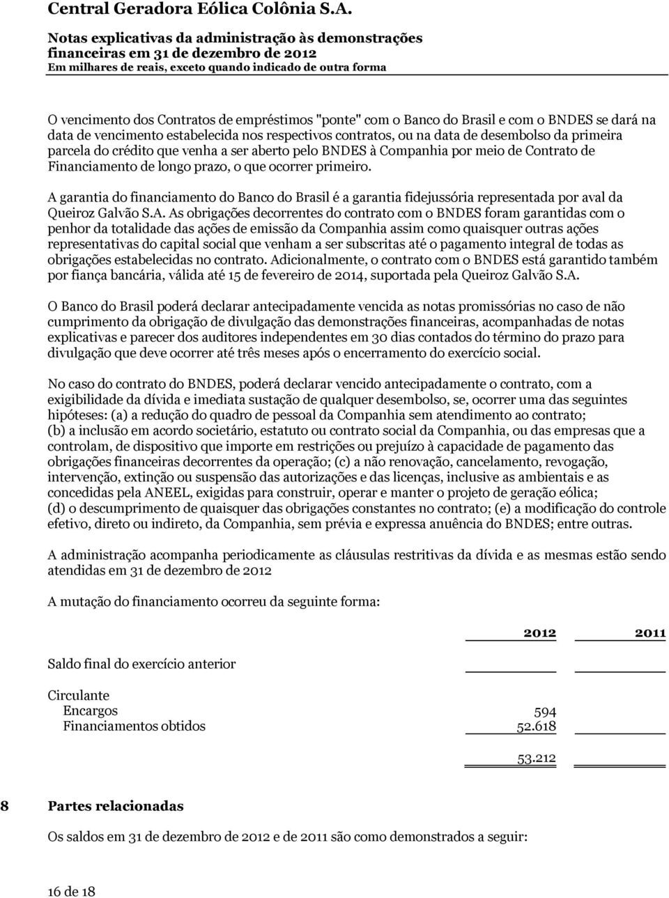 A garantia do financiamento do Banco do Brasil é a garantia fidejussória representada por aval da Queiroz Galvão S.A. As obrigações decorrentes do contrato com o BNDES foram garantidas com o penhor
