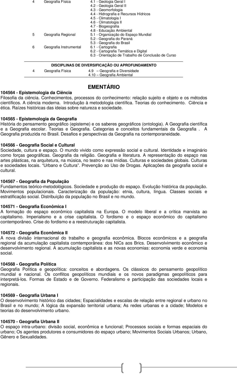 2 - Cartografia Temática e Digital 6.3 - Orientação de Trabalho de Conclusão de Curso DISCIPLINAS DE DIVERSIFICAÇÃO OU APROFUNDAMENTO 4 Geografia Física 4.9 Geografia e Diversidade 4.