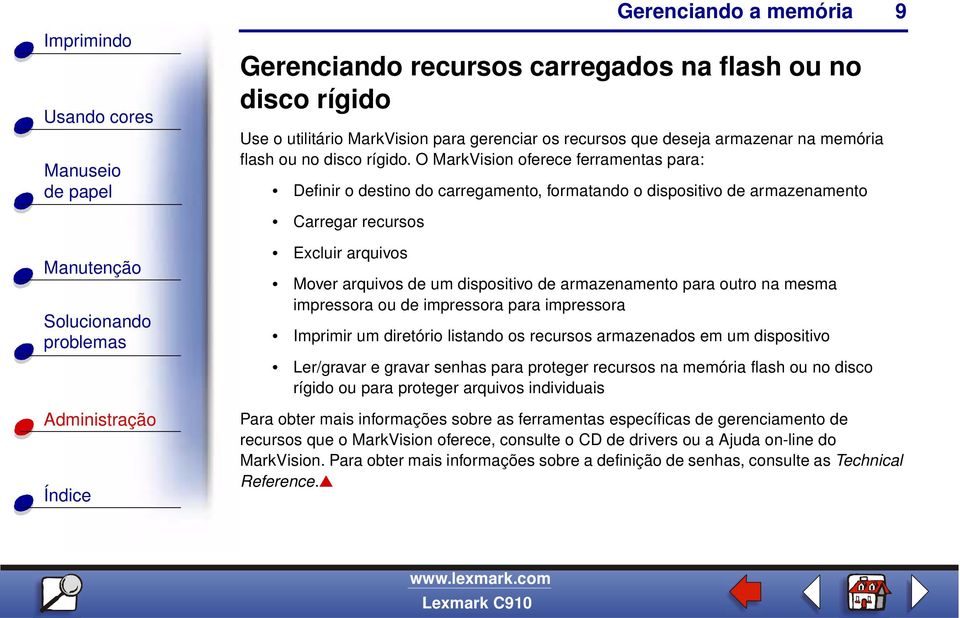 armazenamento para outro na mesma impressora ou de impressora para impressora Imprimir um diretório listando os recursos armazenados em um dispositivo Ler/gravar e gravar senhas para proteger