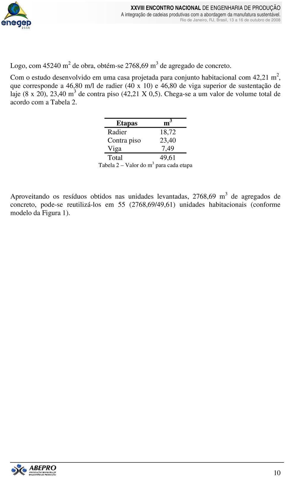 sustentação de laje (8 x 20), 23,40 m 3 de contra piso (42,21 X 0,5). Chega-se a um valor de volume total de acordo com a Tabela 2.