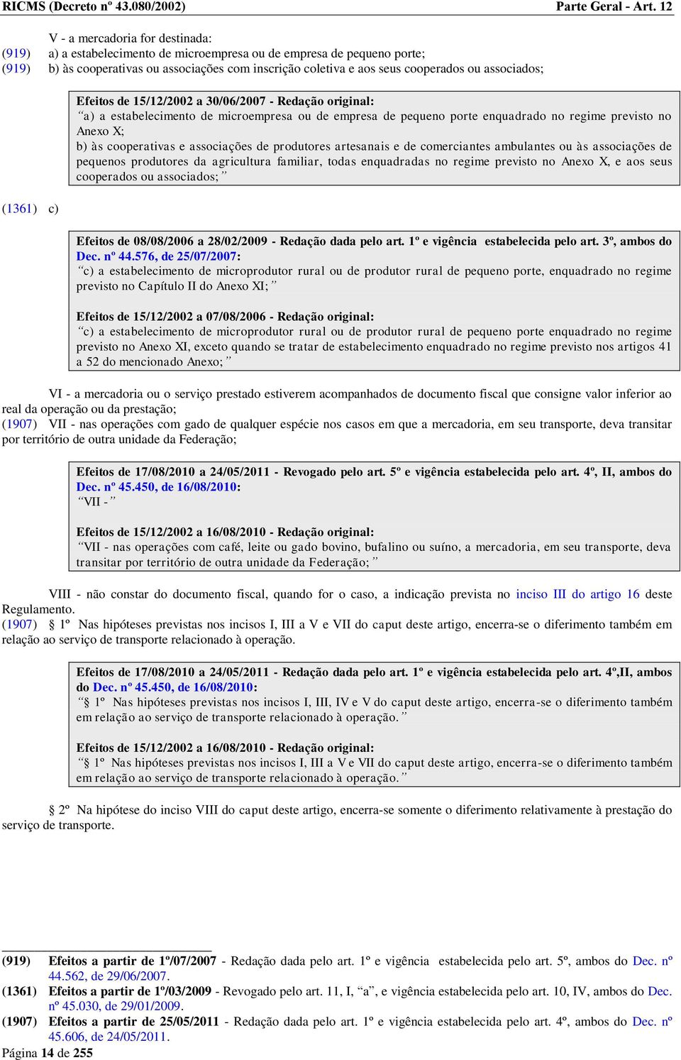 associados; (1361) c) Efeitos de 15/12/2002 a 30/06/2007 - Redação original: a) a estabelecimento de microempresa ou de empresa de pequeno porte enquadrado no regime previsto no Anexo X; b) às