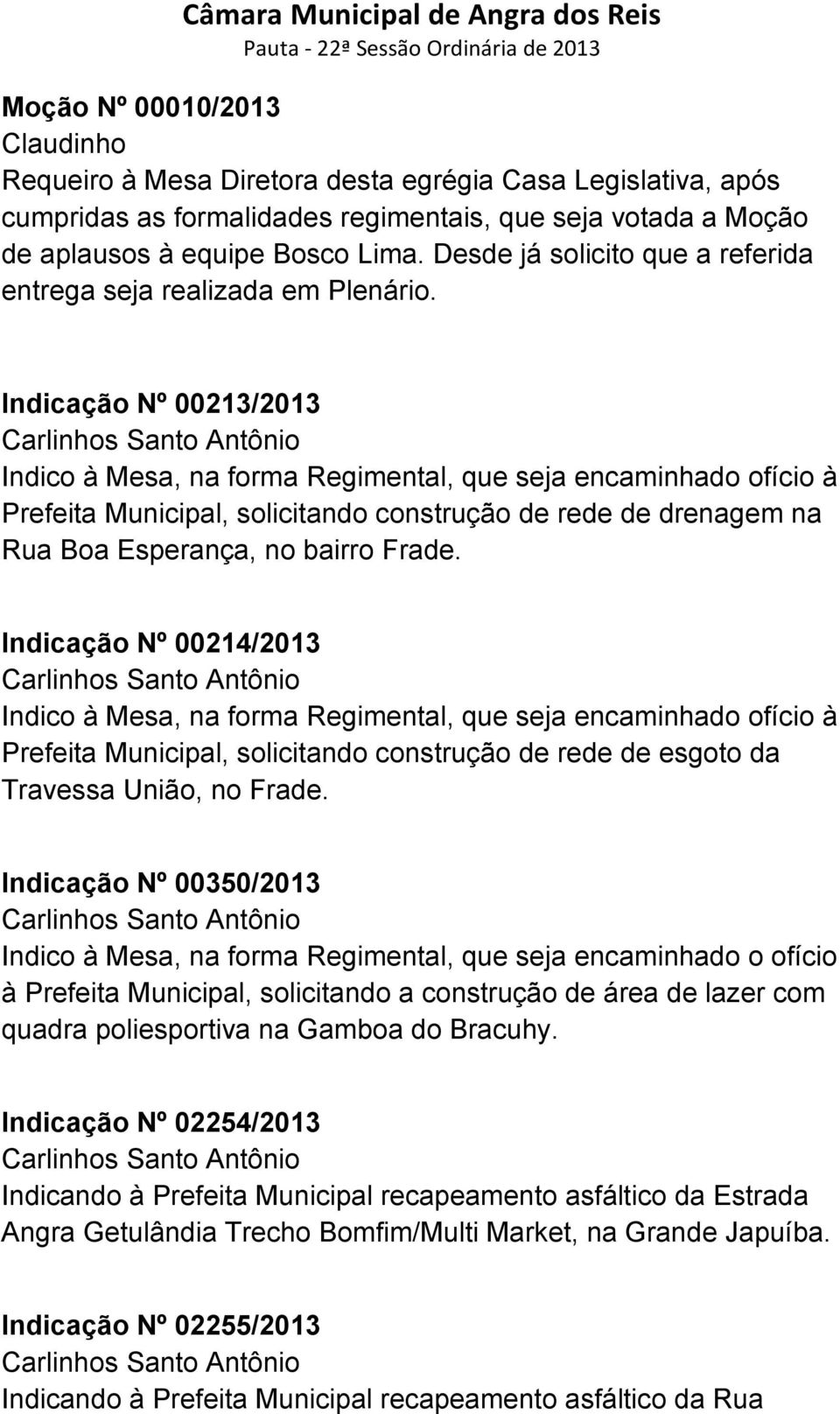 Indicação Nº 00213/2013 Carlinhos Santo Antônio Indico à Mesa, na forma Regimental, que seja encaminhado ofício à Prefeita Municipal, solicitando construção de rede de drenagem na Rua Boa Esperança,