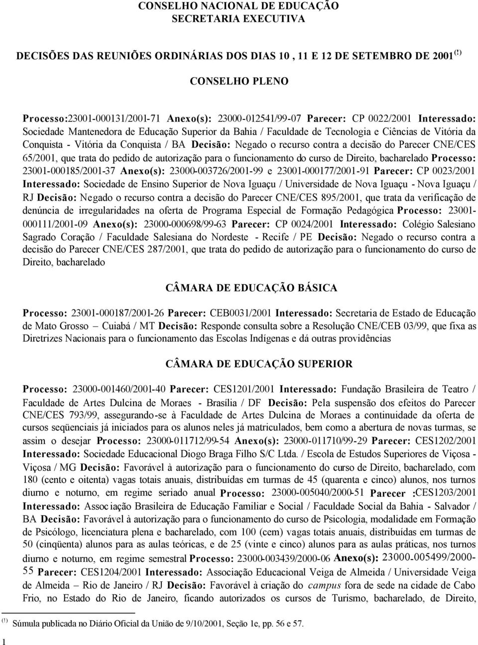 de Vitória da Conquista - Vitória da Conquista / BA Decisão: Negado o recurso contra a decisão do Parecer CNE/CES 65/2001, que trata do pedido de autorização para o funcionamento do curso de Direito,