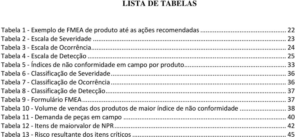 .. 36 Tabela 7 - Classificação de Ocorrência... 36 Tabela 8 - Classificação de Detecção... 37 Tabela 9 - Formulário FMEA.