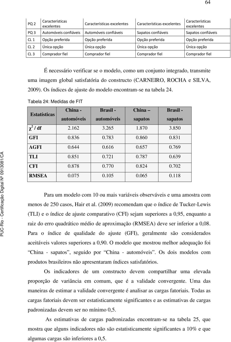 necessário verificar se o modelo, como um conjunto integrado, transmite uma imagem global satisfatória do constructo (CARNEIRO, ROCHA e SILVA, 2009).