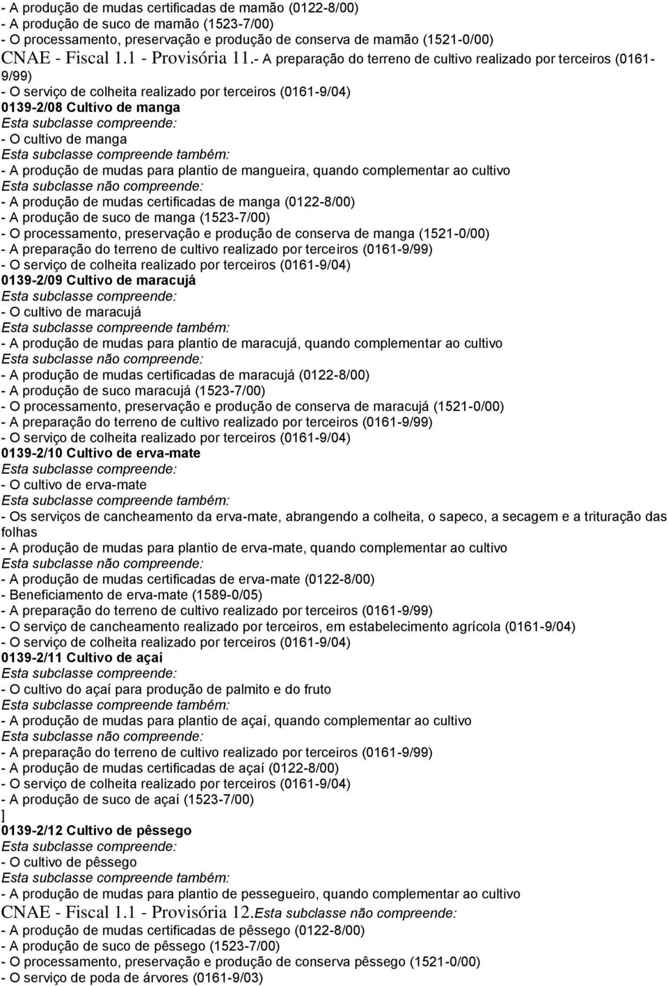 - A preparação do terreno de cultivo realizado por terceiros (0161-9/99) 0139-2/08 Cultivo de manga - O cultivo de manga - A produção de mudas para plantio de mangueira, quando complementar ao