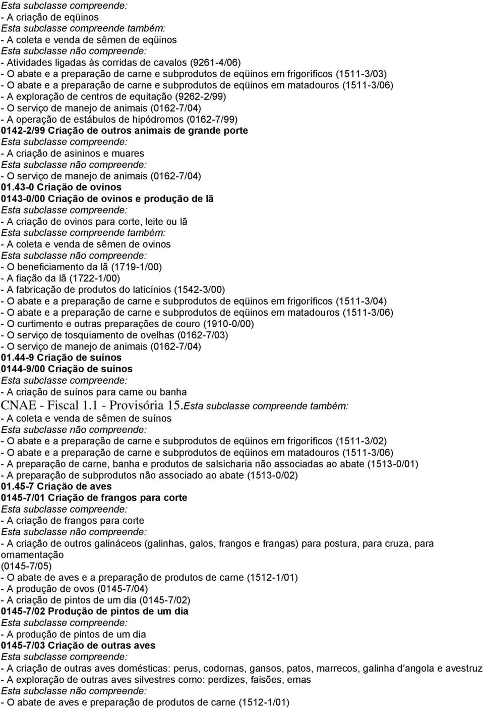 operação de estábulos de hipódromos (0162-7/99) 0142-2/99 Criação de outros animais de grande porte - A criação de asininos e muares - O serviço de manejo de animais (0162-7/04) 01.