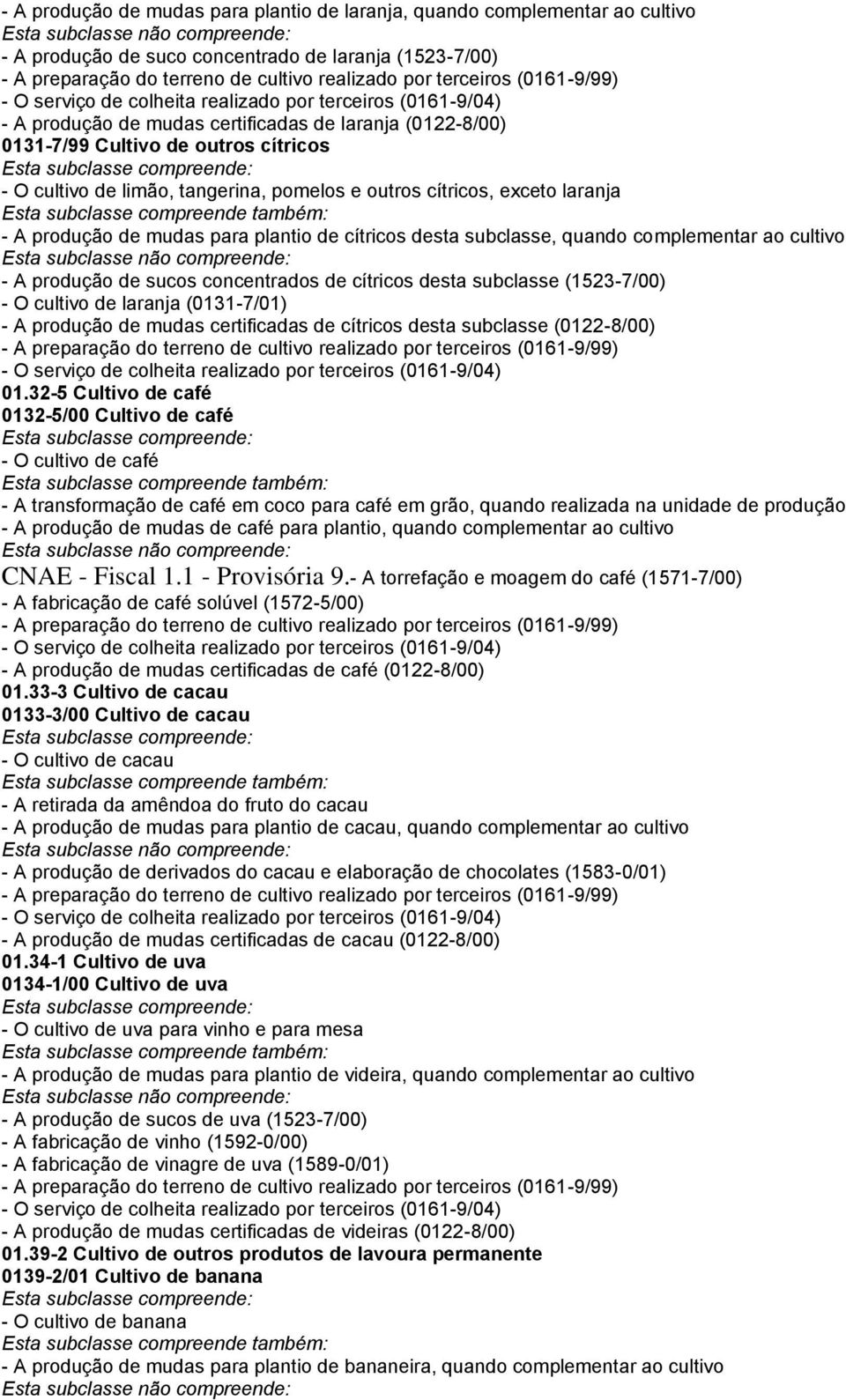 cultivo - A produção de sucos concentrados de cítricos desta subclasse (1523-7/00) - O cultivo de laranja (0131-7/01) - A produção de mudas certificadas de cítricos desta subclasse (0122-8/00) 01.