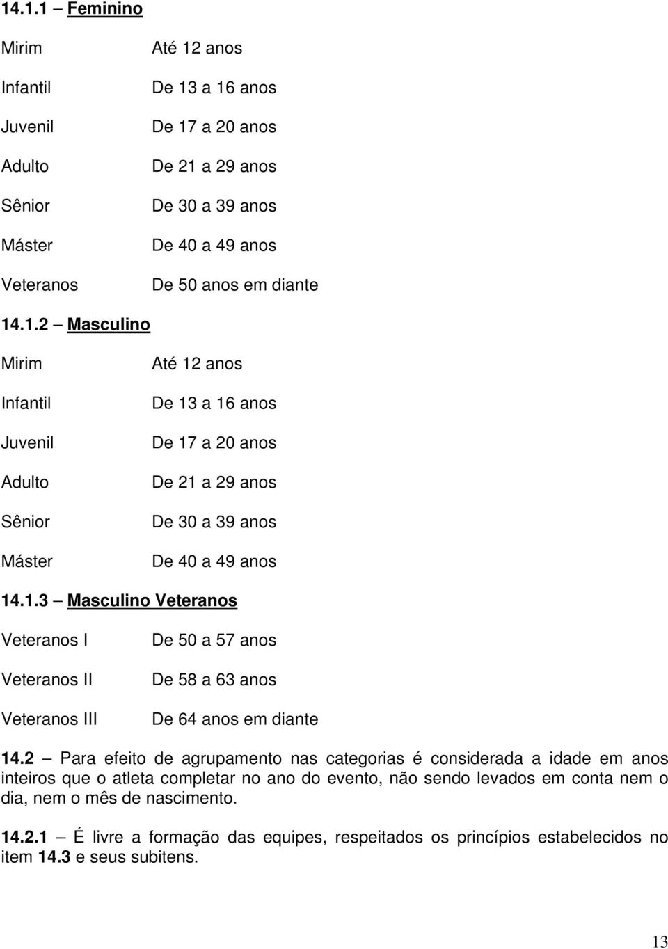 2 Para efeito de agrupamento nas categorias é considerada a idade em anos inteiros que o atleta completar no ano do evento, não sendo levados em conta nem o dia, nem o mês de nascimento.