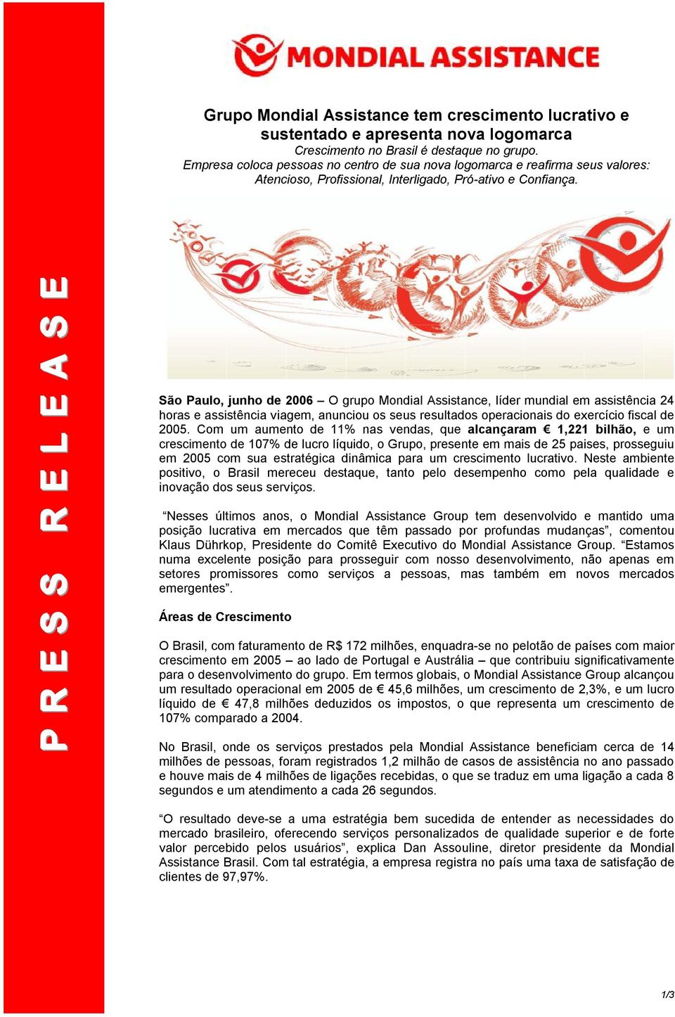 São Paulo, junho de 2006 O grupo Mondial Assistance, líder mundial em assistência 24 horas e assistência viagem, anunciou os seus resultados operacionais do exercício fiscal de 2005.