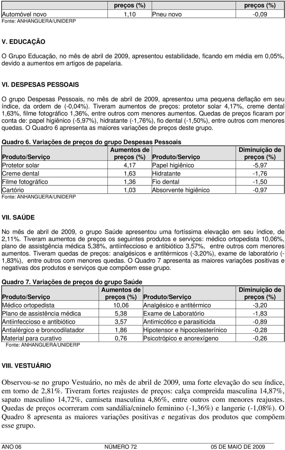 Tiveram aumentos de preços: protetor solar 4,17%, creme dental 1,63%, filme fotográfico 1,36%, entre outros com menores aumentos.