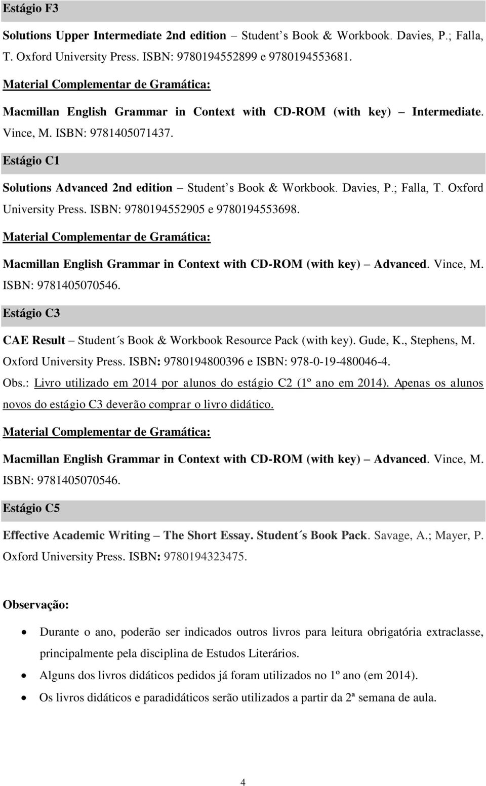 Oxford University Press. ISBN: 9780194552905 e 9780194553698. Macmillan English Grammar in Context with CD-ROM (with key) Advanced. Vince, M. ISBN: 9781405070546.