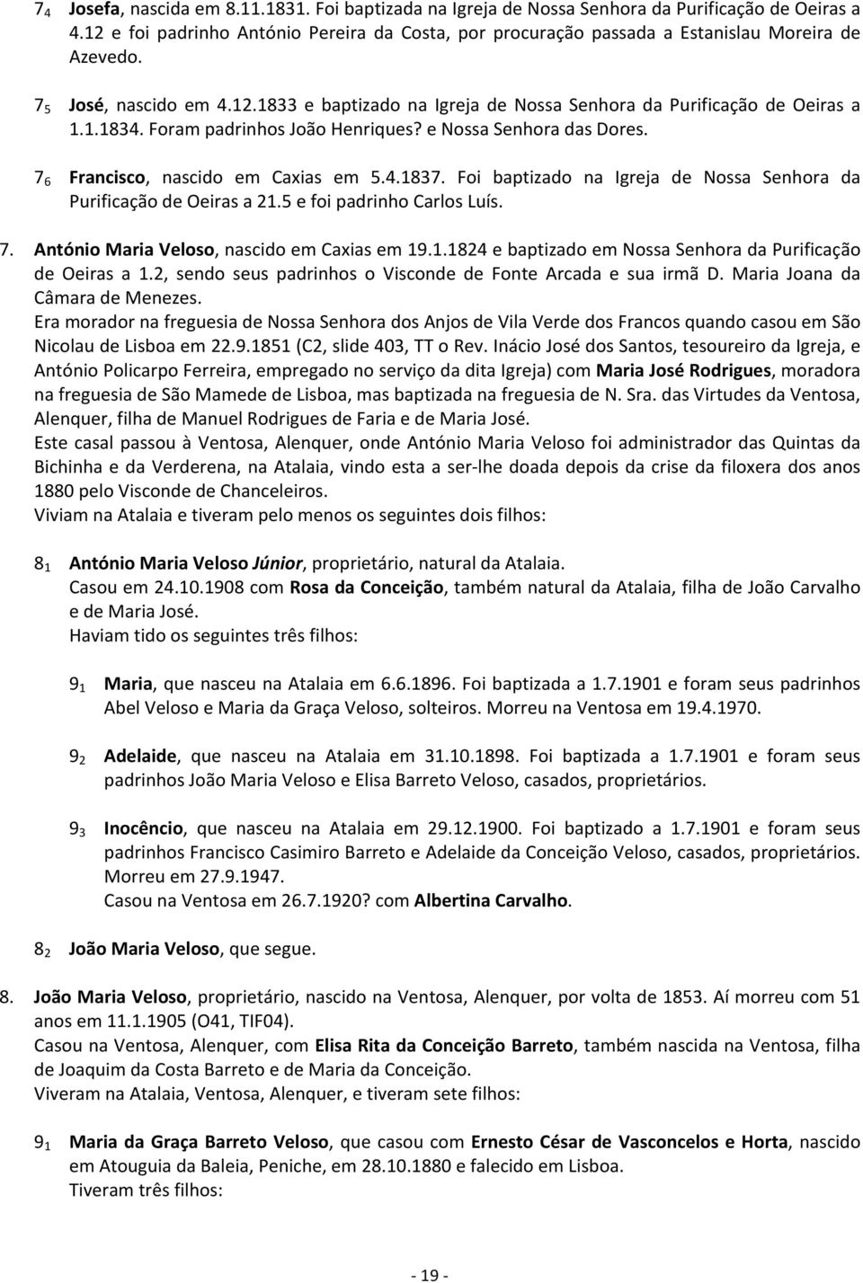 Foi baptizado na Igreja de Nossa Senhora da PurificaçãodeOeirasa21.5efoipadrinhoCarlosLuís. 7. AntónioMariaVeloso,nascidoemCaxiasem19.1.1824ebaptizadoemNossaSenhoradaPurificação de Oeiras a 1.