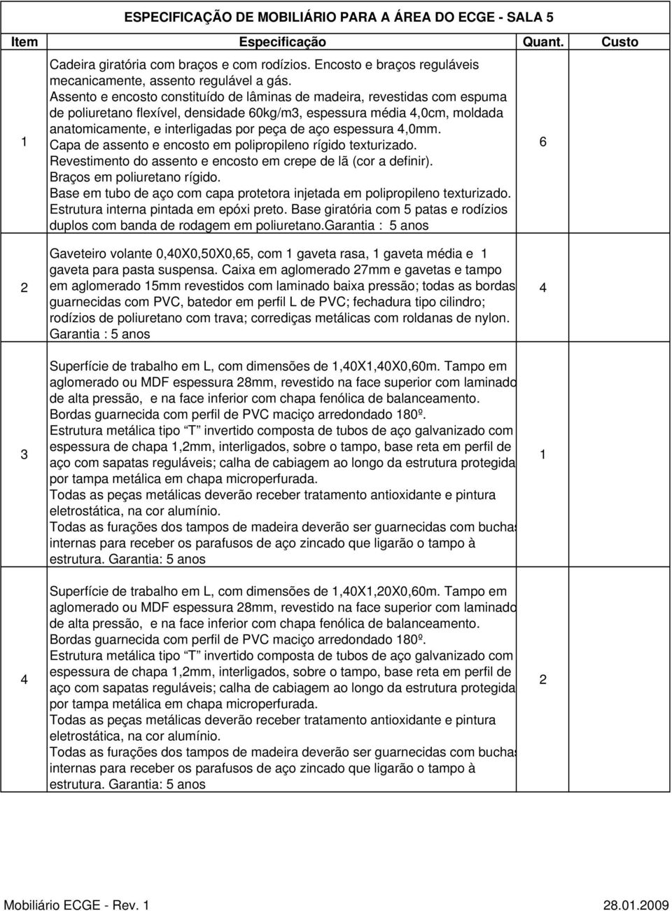 Revestimento do assento e encosto em crepe de lã (cor a definir). Gaveteiro volante 0,0X0,50X0,5, com gaveta rasa, gaveta média e gaveta para pasta suspensa.