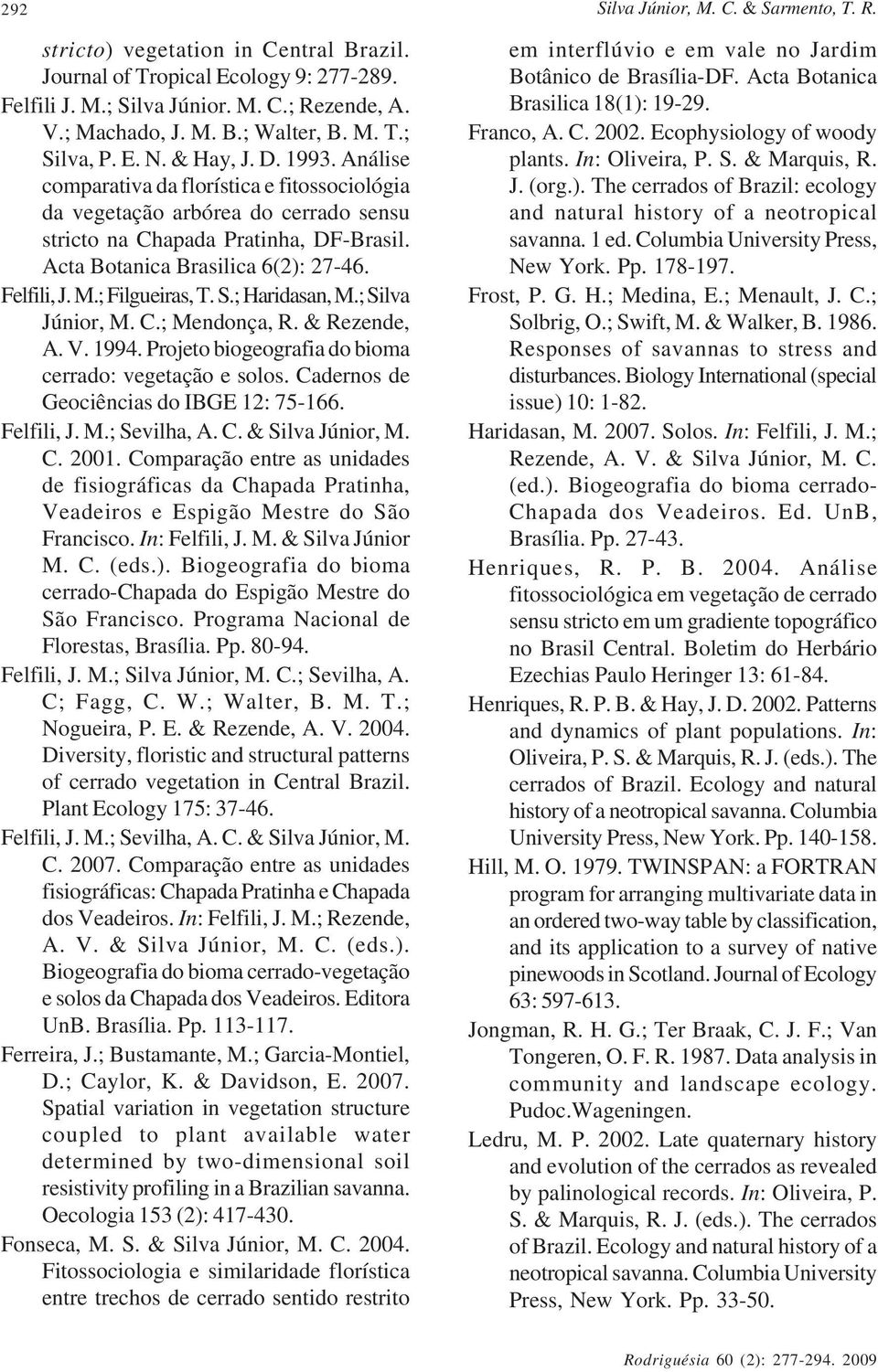 Acta Botanica Brasilica 6(2): 27-46. Felfili, J. M.; Filgueiras, T. S.; Haridasan, M.; Silva Júnior, M. C.; Mendonça, R. & Rezende, A. V. 1994.