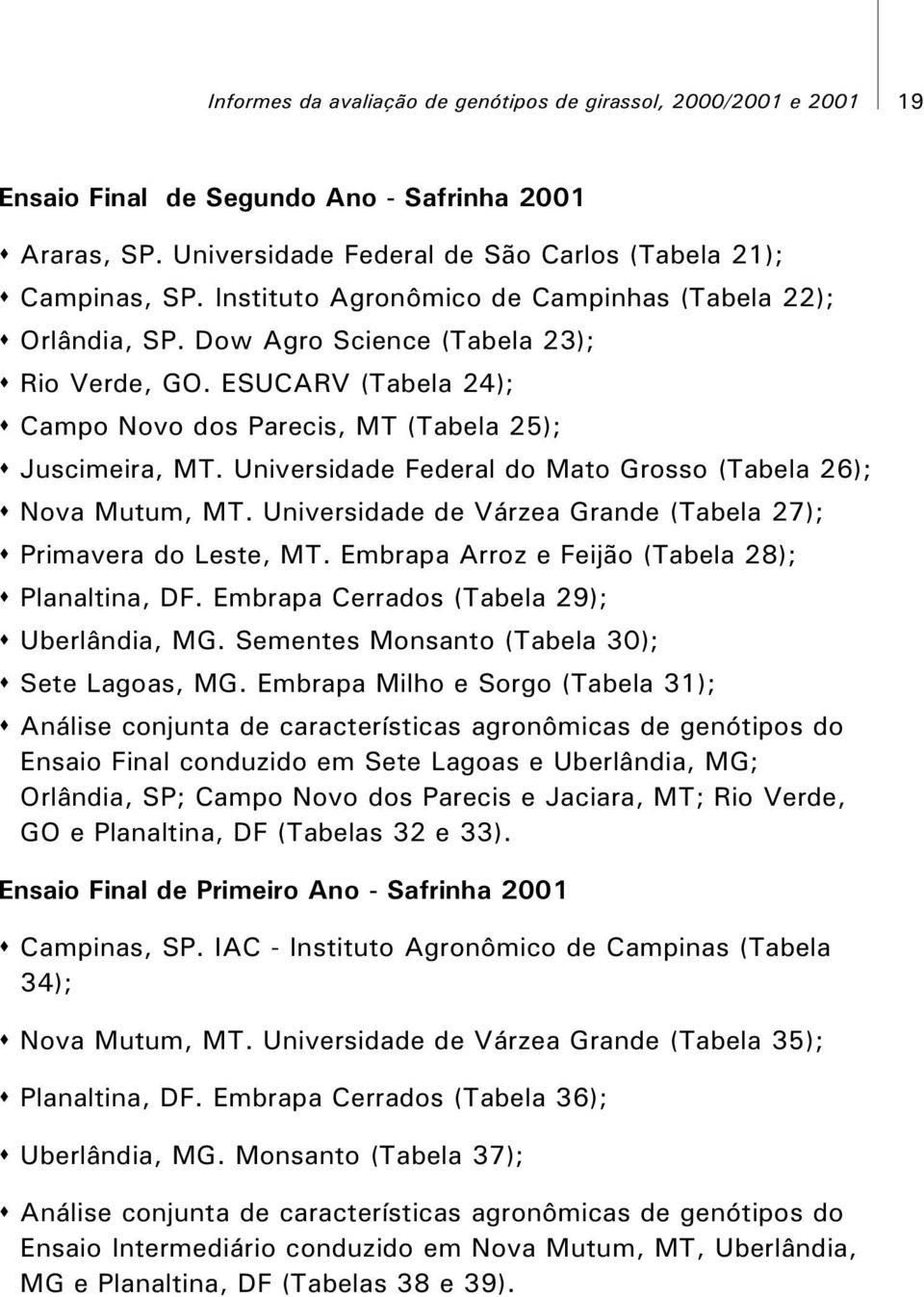 Universidade Federal do Mato Grosso (Tabela 26); s Nova Mutum, MT. Universidade de Várzea Grande (Tabela 27); s Primavera do Leste, MT. Embrapa Arroz e Feijão (Tabela 28); s Planaltina, DF.