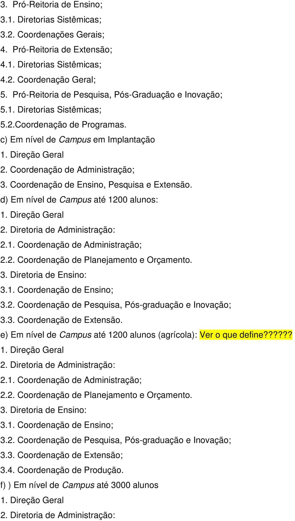 Coordenação de Ensino, Pesquisa e Extensão. d) Em nível de Campus até 1200 alunos: 1. Direção Geral 2. Diretoria de Administração: 2.1. Coordenação de Administração; 2.2. Coordenação de Planejamento e Orçamento.