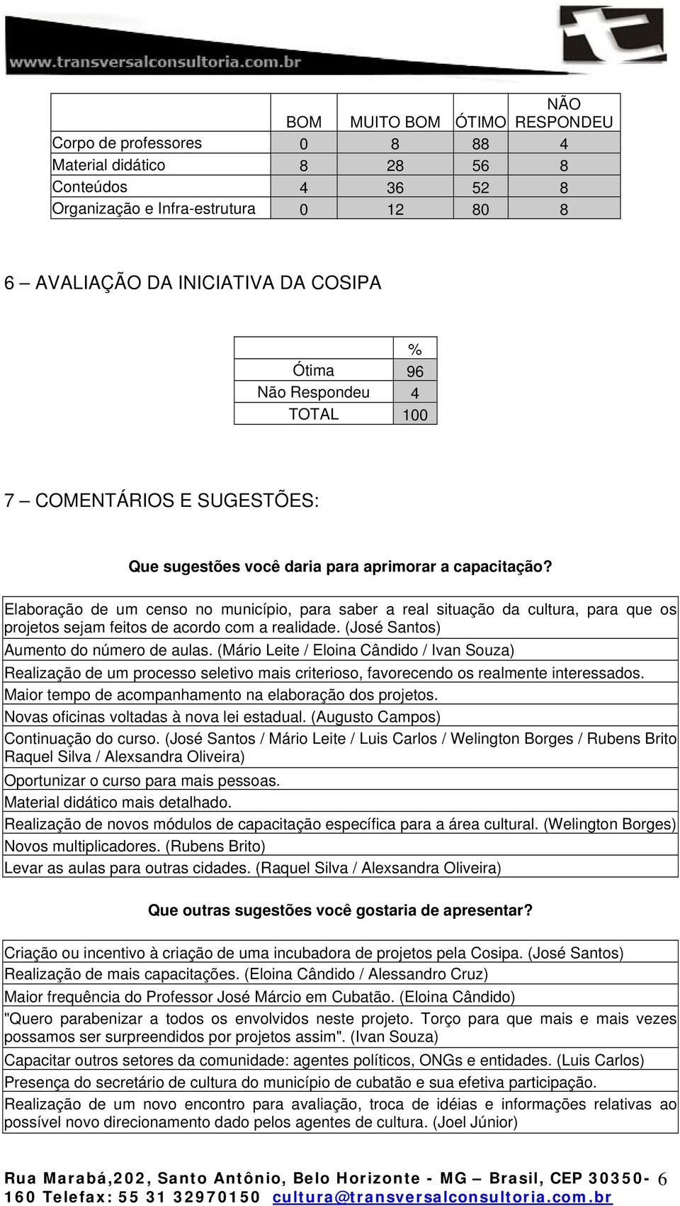 Elaboração de um censo no município, para saber a real situação da cultura, para que os projetos sejam feitos de acordo com a realidade. (José Santos) Aumento do número de aulas.