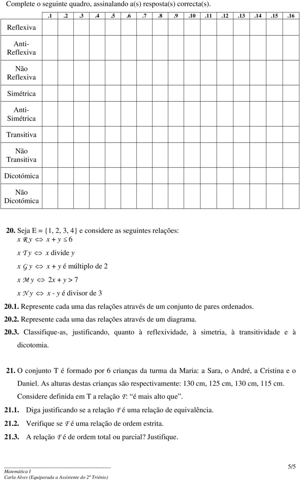 20.2. Represente cada uma das relações através de um diagrama. 20.3. Classifique-as, justificando, quanto à reflexividade, à simetria, à transitividade e à dicotomia. 21.