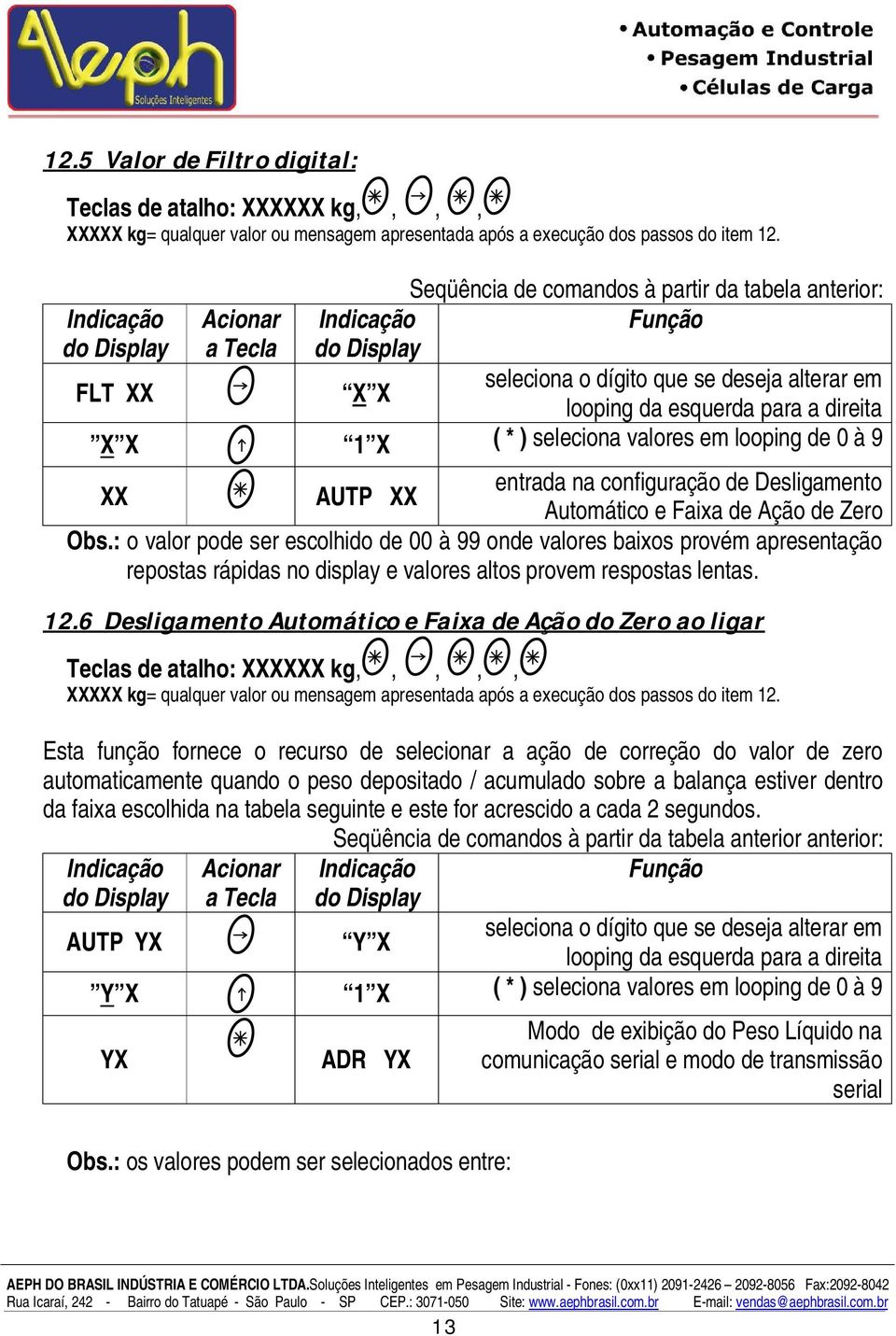 de 0 à 9 entrada na configuração de Desligamento XX AUTP XX Automático e Faixa de Ação de Zero Obs.