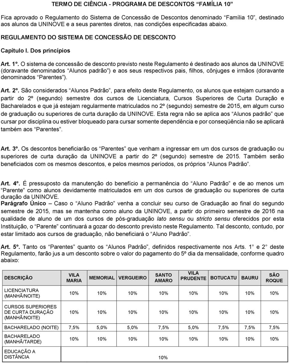 O sistema de concessão de desconto previsto neste Regulamento é destinado aos alunos da UNINOVE (doravante denominados Alunos padrão ) e aos seus respectivos pais, filhos, cônjuges e irmãos