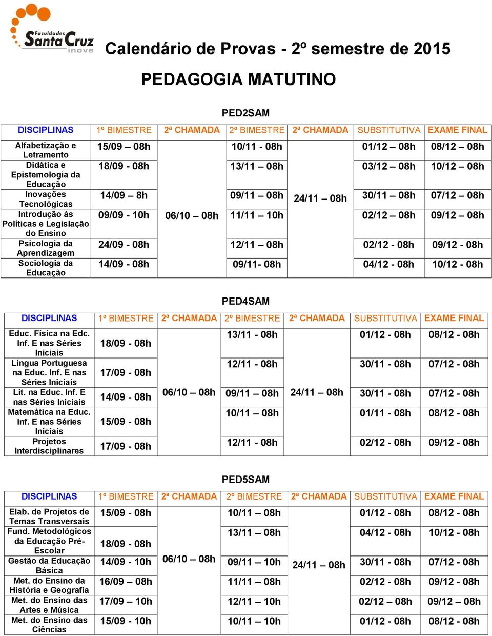 14/09-08h 09/11-08h 04/12-08h 10/12-08h PED4SAM Educ. Física na Edc. Língua Portuguesa na Educ. Inf. E nas Séries Lit. na Educ. Inf. E nas Séries Matemática na Educ.