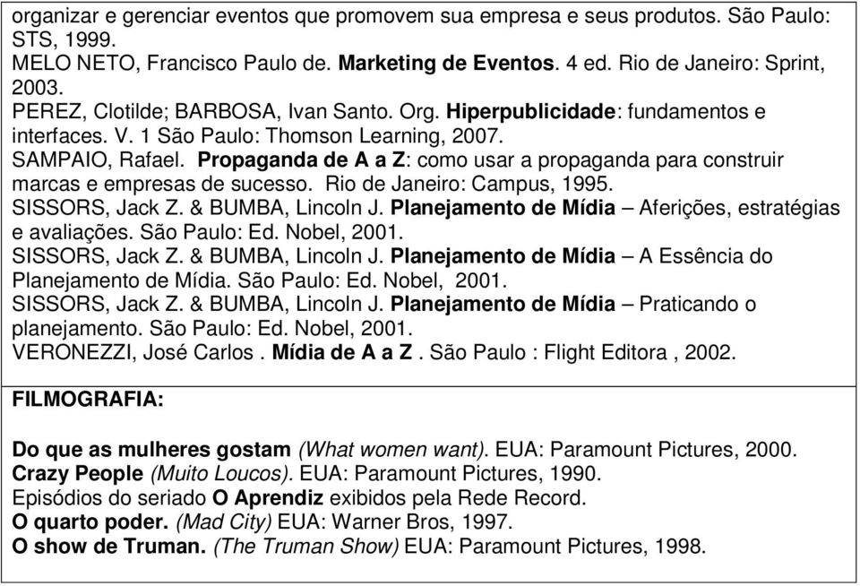 Propaganda de A a Z: como usar a propaganda para construir marcas e empresas de sucesso. Rio de Janeiro: Campus, 1995. SISSORS, Jack Z. & BUMBA, Lincoln J.