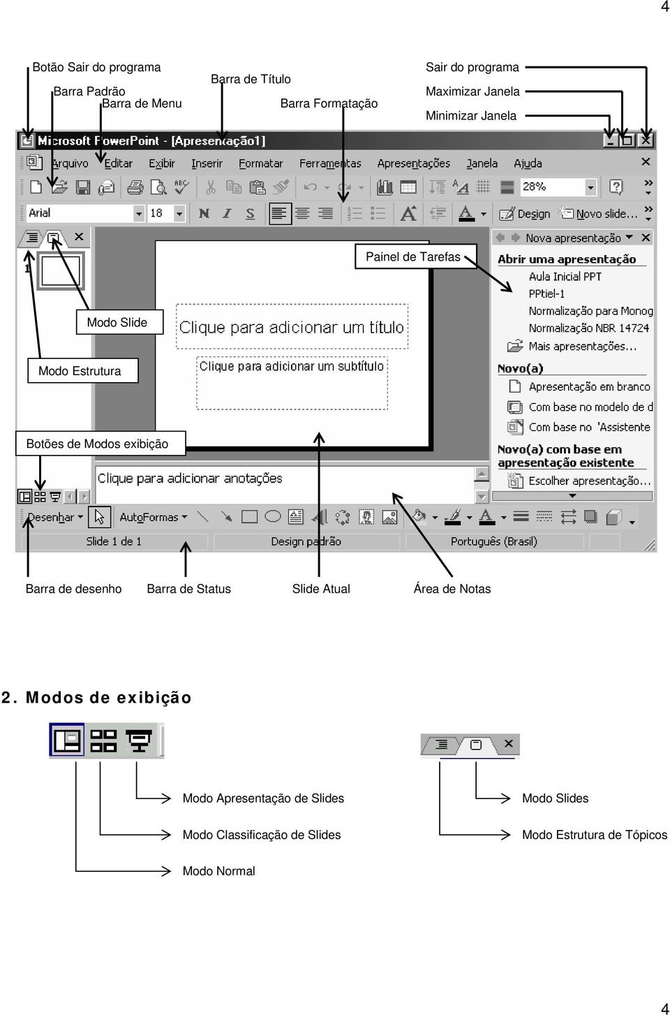 Modos exibição Barra de desenho Barra de Status Slide Atual Área de Notas 2.