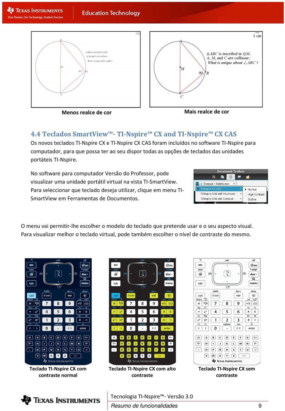 as opções de teclados das unidades portáteis TI Nspire. No software para computador Versão do Professor, pode visualizar uma unidade portátil virtual na vista TI SmartView.