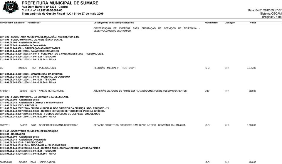 11 - VENCIMENTOS E VANTAGENS FIXAS - PESSOAL CIVIL 02.16.01.08.244.4001.2005.3.1.90.11.01 - TESOURO 02.16.01.08.244.4001.2005.3.1.90.11.01.541 - FICHA CONTRATAÇÃO DE EMPRESA PÁRA PRESTAÇÃO DE SERVIÇOS DE TELEFONIA - DESENVOLVIMENTO ECONÔMICO.