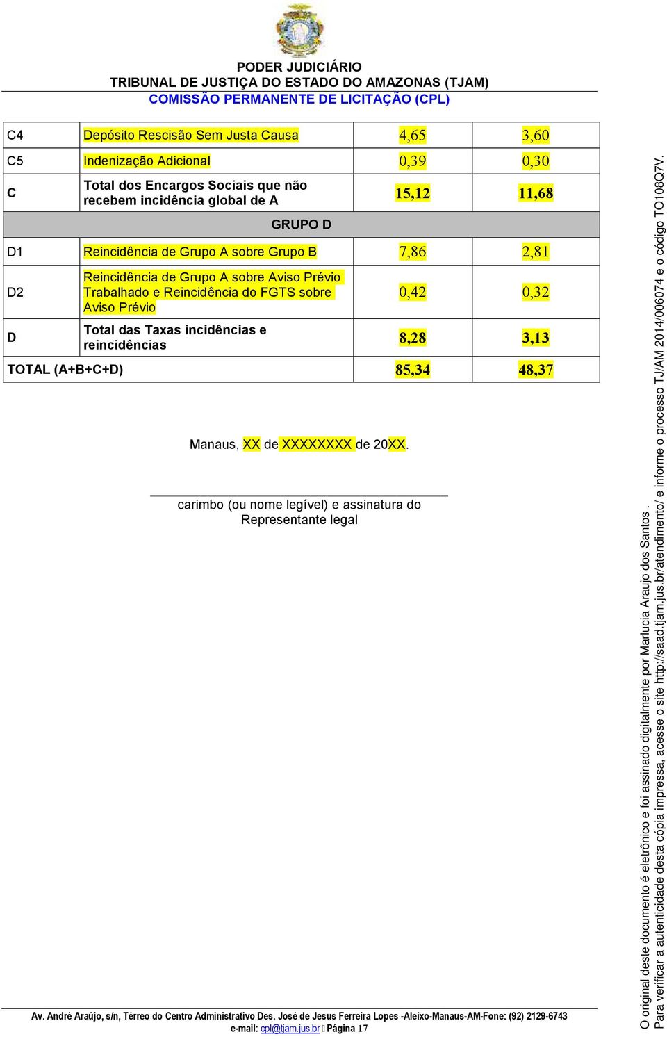 Reincidência do FGTS sobre Aviso Prévio Total das Taxas incidências e reincidências 0,42 0,32 8,28 3,13 TOTAL (A+B+C+D) 85,34 48,37 Manaus, XX de XXXXXXXX de 20XX.
