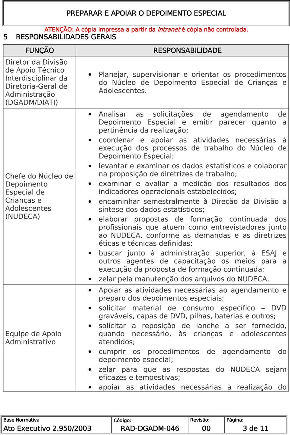 Analisar as solicitações de agendamento de Depoimento Especial e emitir parecer quanto à pertinência da realização; coordenar e apoiar as atividades necessárias à execução dos processos de trabalho