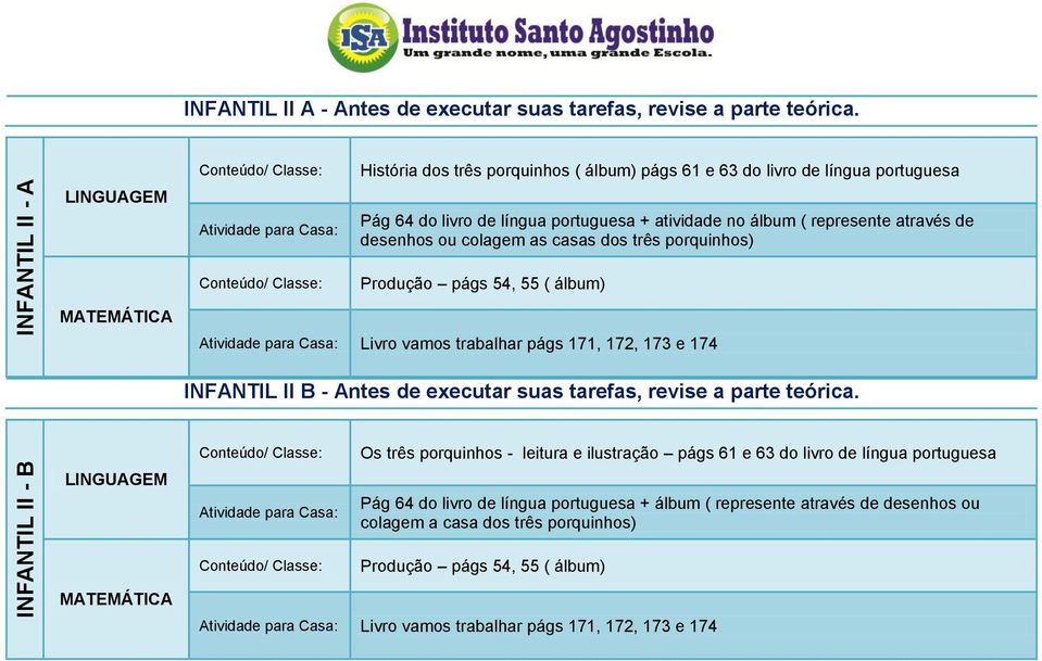 casas dos três porquinhos) Produção págs 54, 55 ( álbum) Livro vamos trabalhar págs 171, 172, 173 e 174 INFANTIL II B - Antes de executar suas tarefas, revise a parte teórica.