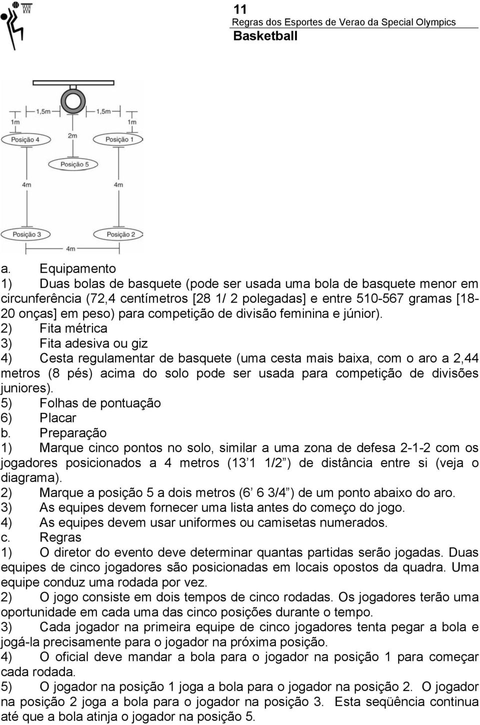 2) Fita métrica 3) Fita adesiva ou giz 4) Cesta regulamentar de basquete (uma cesta mais baixa, com o aro a 2,44 metros (8 pés) acima do solo pode ser usada para competição de divisões juniores).