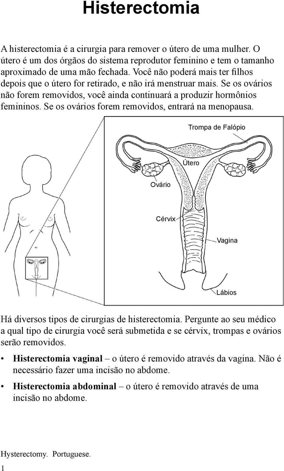 Se os ovários forem removidos, entrará na menopausa. Trompa de Falópio Útero Ovário Cérvix Vagina Lábios Há diversos tipos de cirurgias de histerectomia.