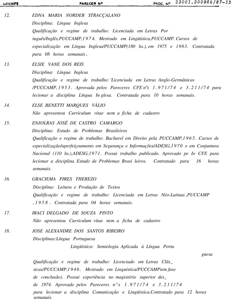 ELSIE VANE DOS REIS Disciplina: Língua Inglesa Qualificação e regime de trabalho: 'Licenciada em Letras Anglo-Germânicas /PUCCAMP, 1 9 5 3. Aprovada pelos Pareceres CFE nºs 1. 9 7 1 / 7 4 e 3.