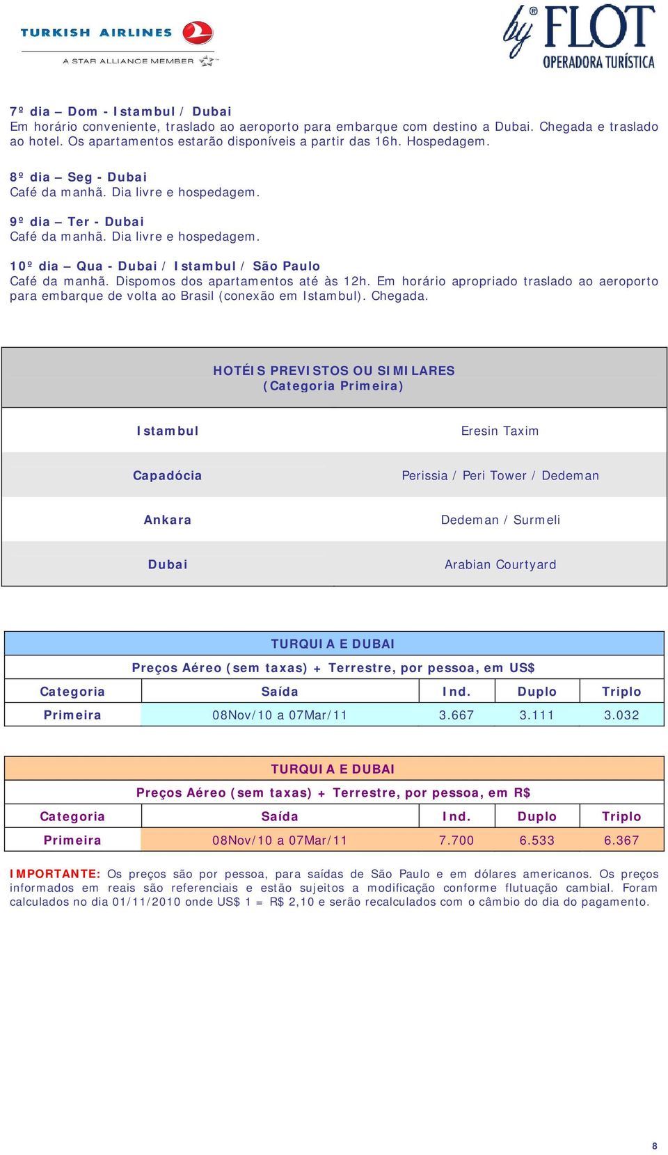 Dispomos dos apartamentos até às 12h. Em horário apropriado traslado ao aeroporto para embarque de volta ao Brasil (conexão em Istambul). Chegada.