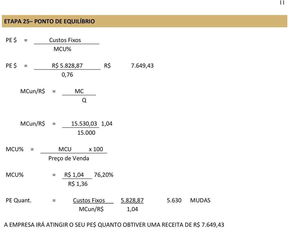 000 MCU% = MCU x 100 Preço de Venda MCU% = R$ 1,04 76,20% R$ 1,36 PE Quant.