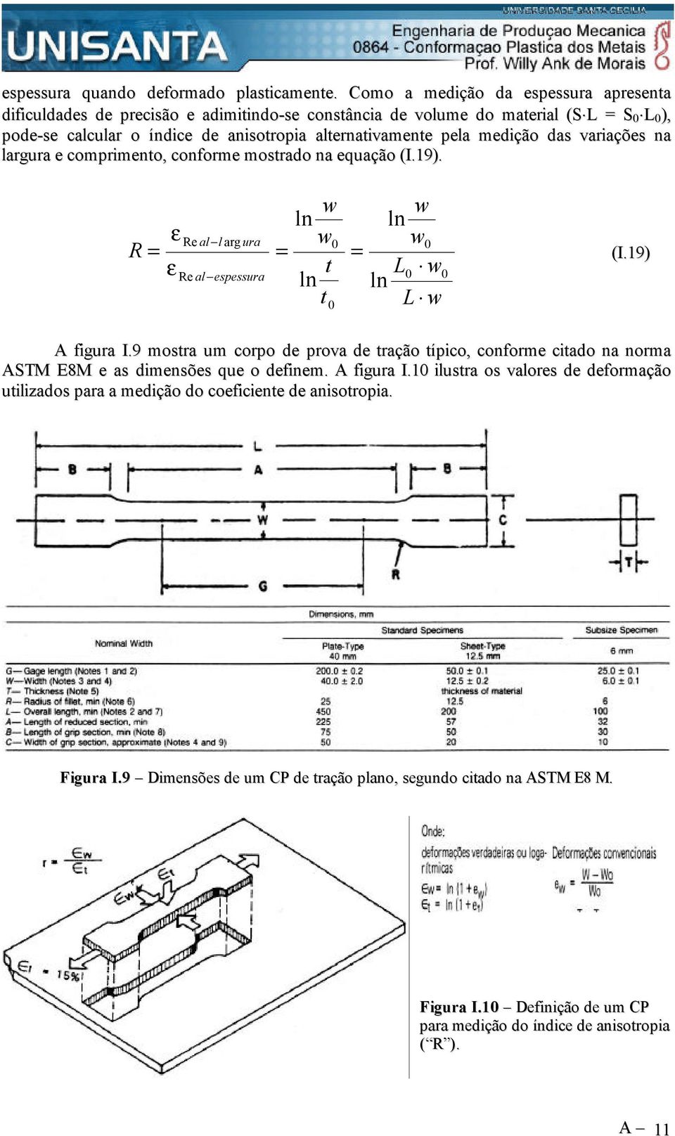 medição das variações na largura e comprimento, conforme mostrado na equação (I.19). R = ε ε Re al l arg ura Re al espessura = w ln w0 t ln t 0 = w ln w0 0 w0 ln w (I.19) A figura I.