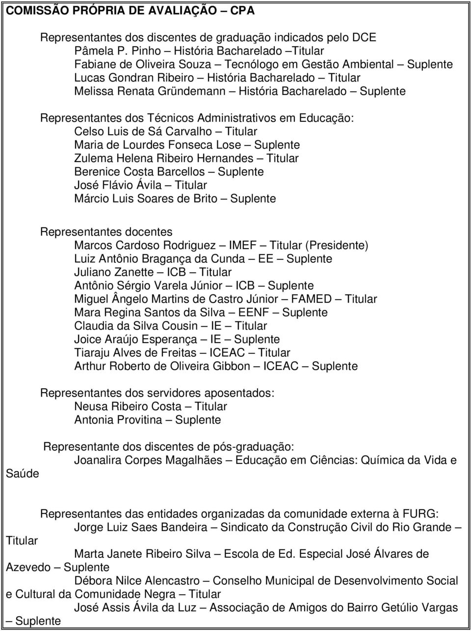 Suplente Representantes dos Técnicos Administrativos em Educação: Celso Luis de Sá Carvalho Titular Maria de Lourdes Fonseca Lose Suplente Zulema Helena Ribeiro Hernandes Titular Berenice Costa