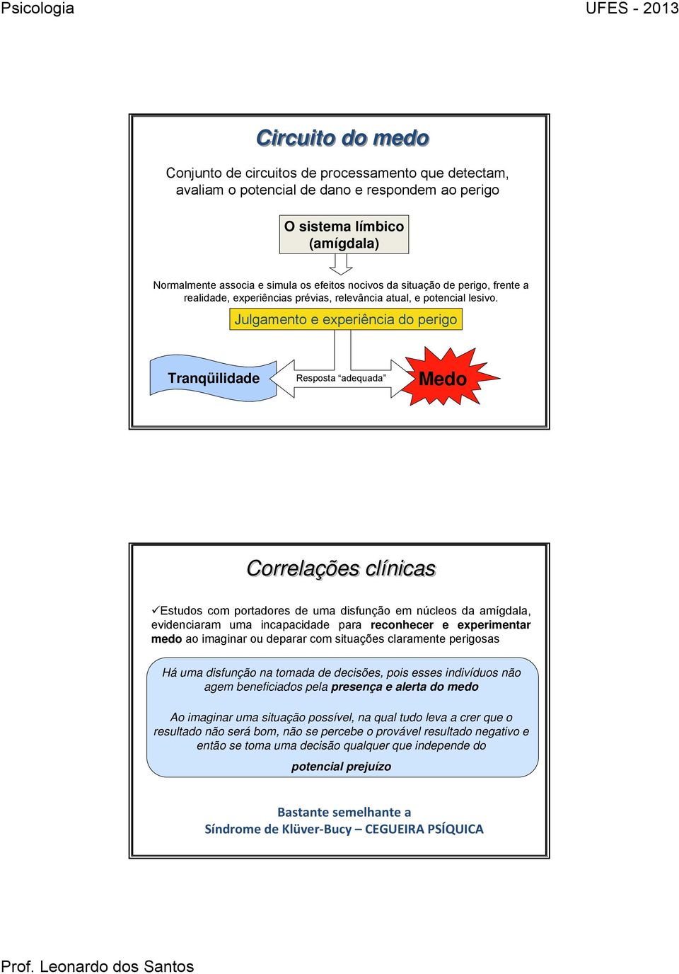 Julgamento e experiência do perigo Tranqüilidade Resposta adequada Medo Correlações clínicas Estudos com portadores de uma disfunção em núcleos da amígdala, evidenciaram uma incapacidade para