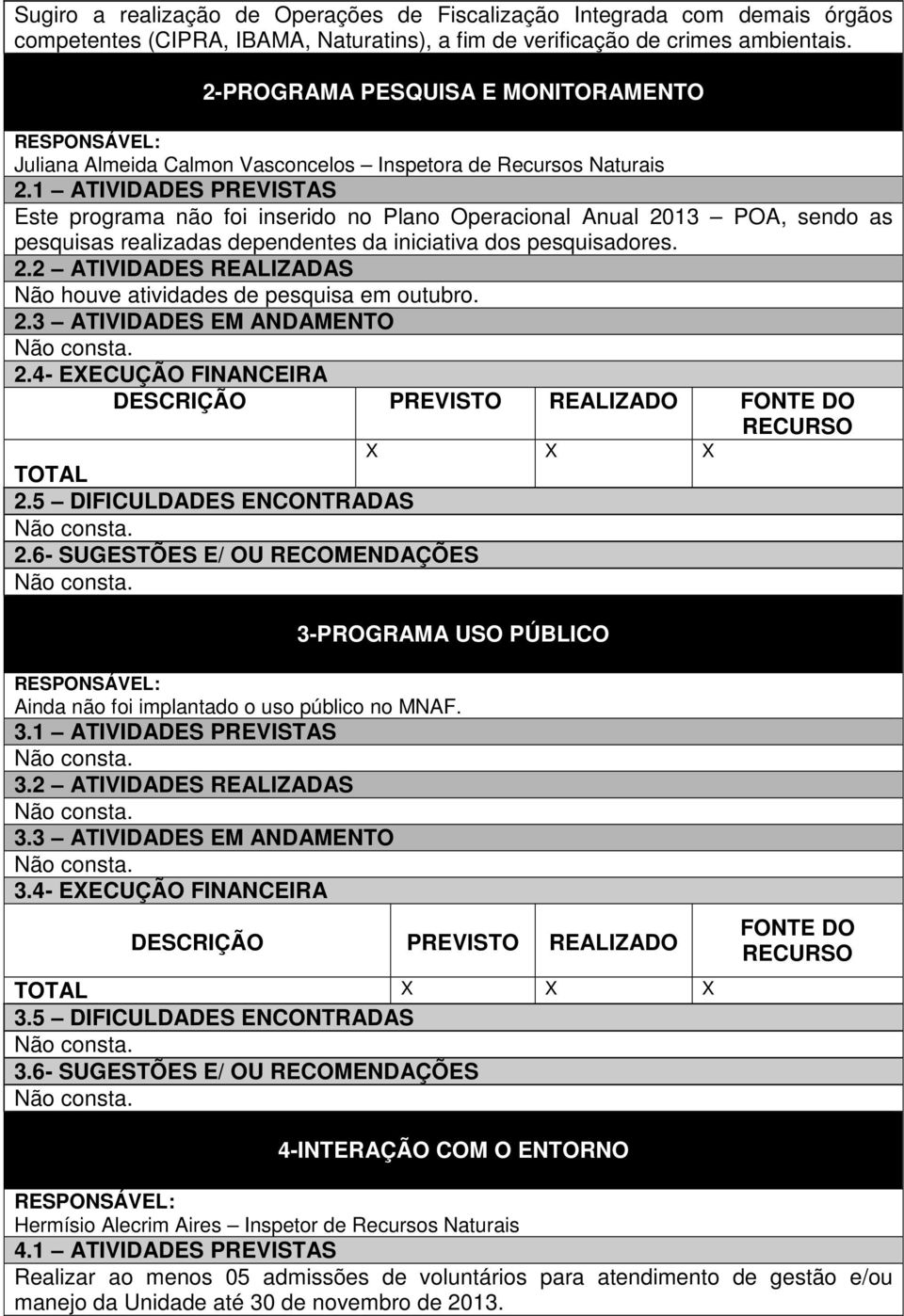 1 ATIVIDADES PREVISTAS Este programa não foi inserido no Plano Operacional Anual 2013 POA, sendo as pesquisas realizadas dependentes da iniciativa dos pesquisadores. 2.2 ATIVIDADES REALIZADAS Não houve atividades de pesquisa em outubro.